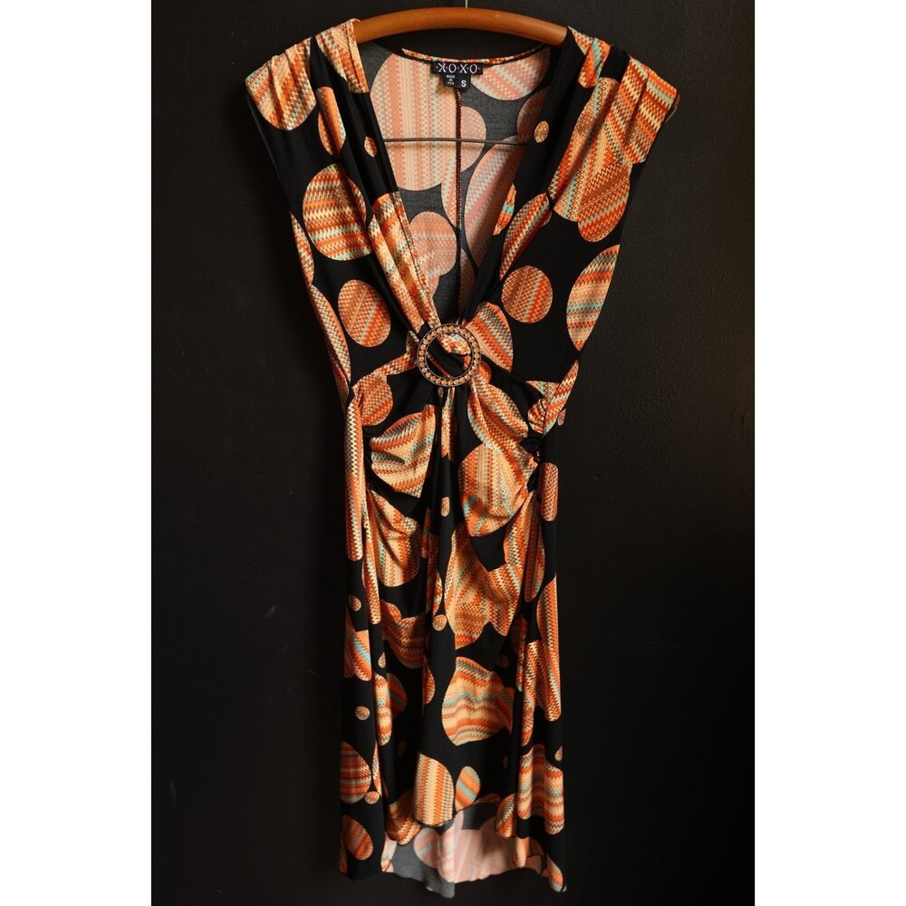 Vintage XOXO Maxi Dress Y2K Retro Psychedelic Geometric O Ring Small Deep V Neck